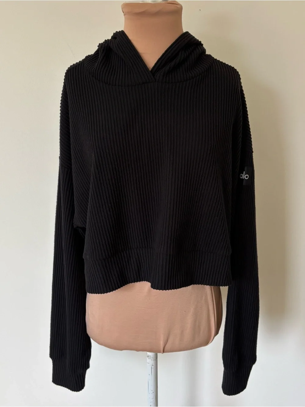 Alo Yoga Muse Hoodie Black Plush Ribbed Athleisure Lounge Cropped Sweatshirt S